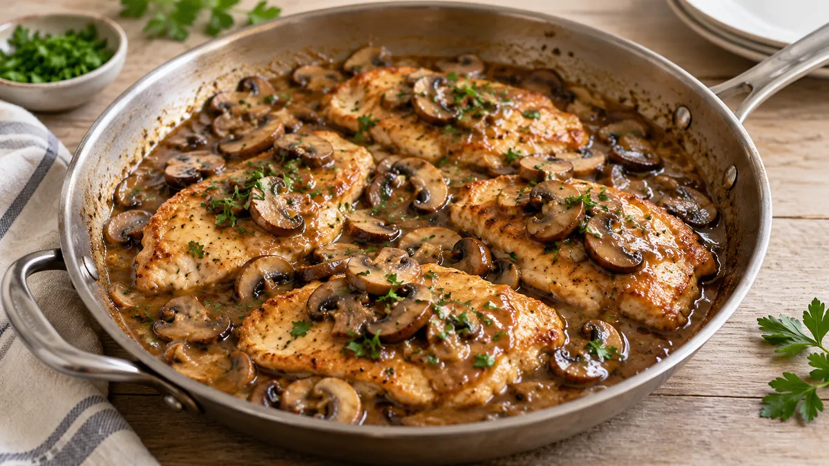 Chicken Marsala cutlets in a brown mushroom and Marsala wine sauce with parsley