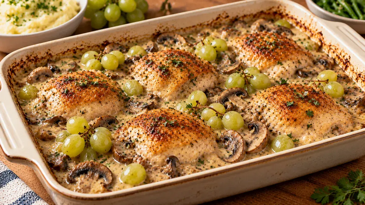 Chicken Parisienne baked in a creamy wine and mushroom sauce, garnished with green grapes