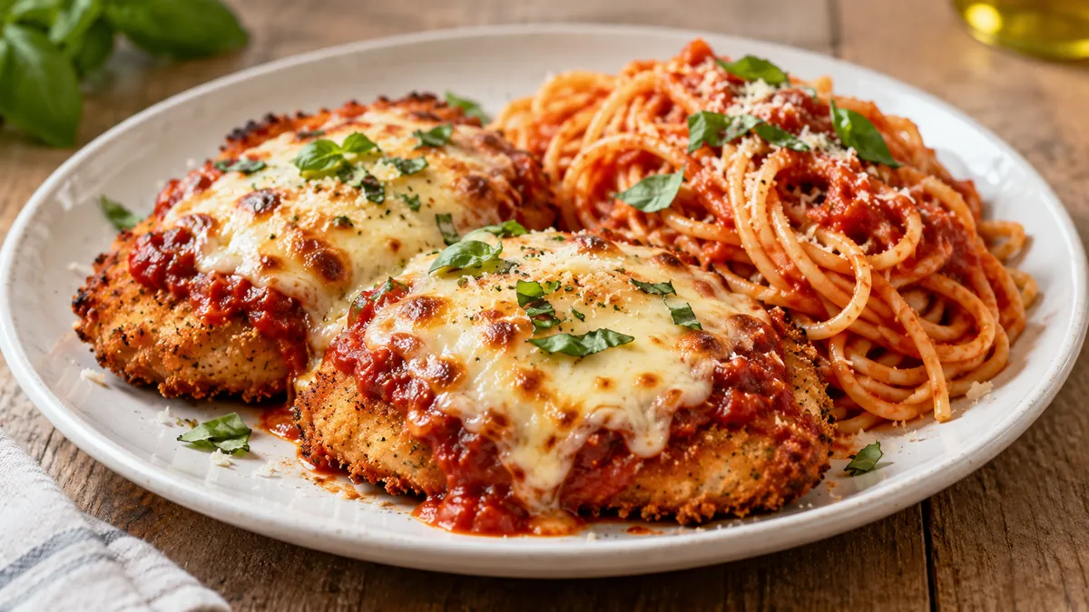 Chicken Parmesan with marinara and melted mozzarella beside spaghetti, topped with basil