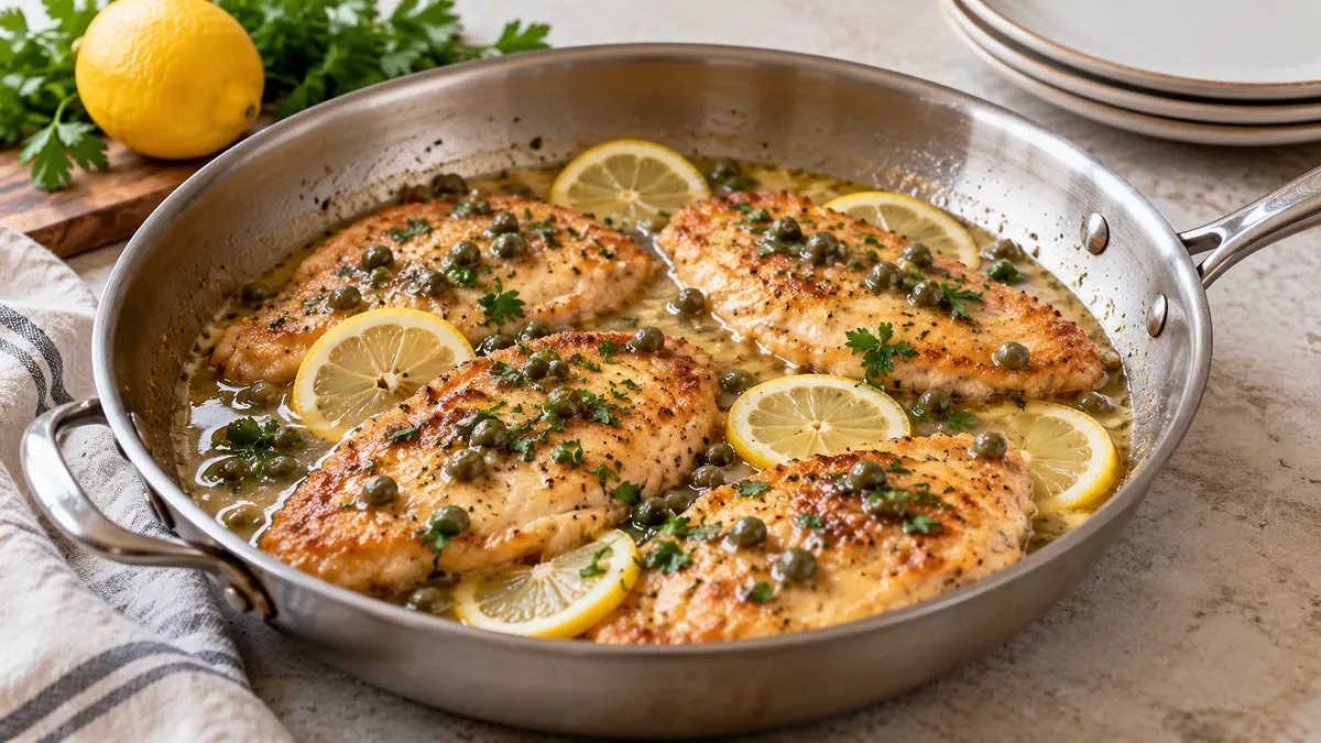 Chicken piccata cutlets in lemon butter sauce with capers, lemon slices and parsley in a skillet