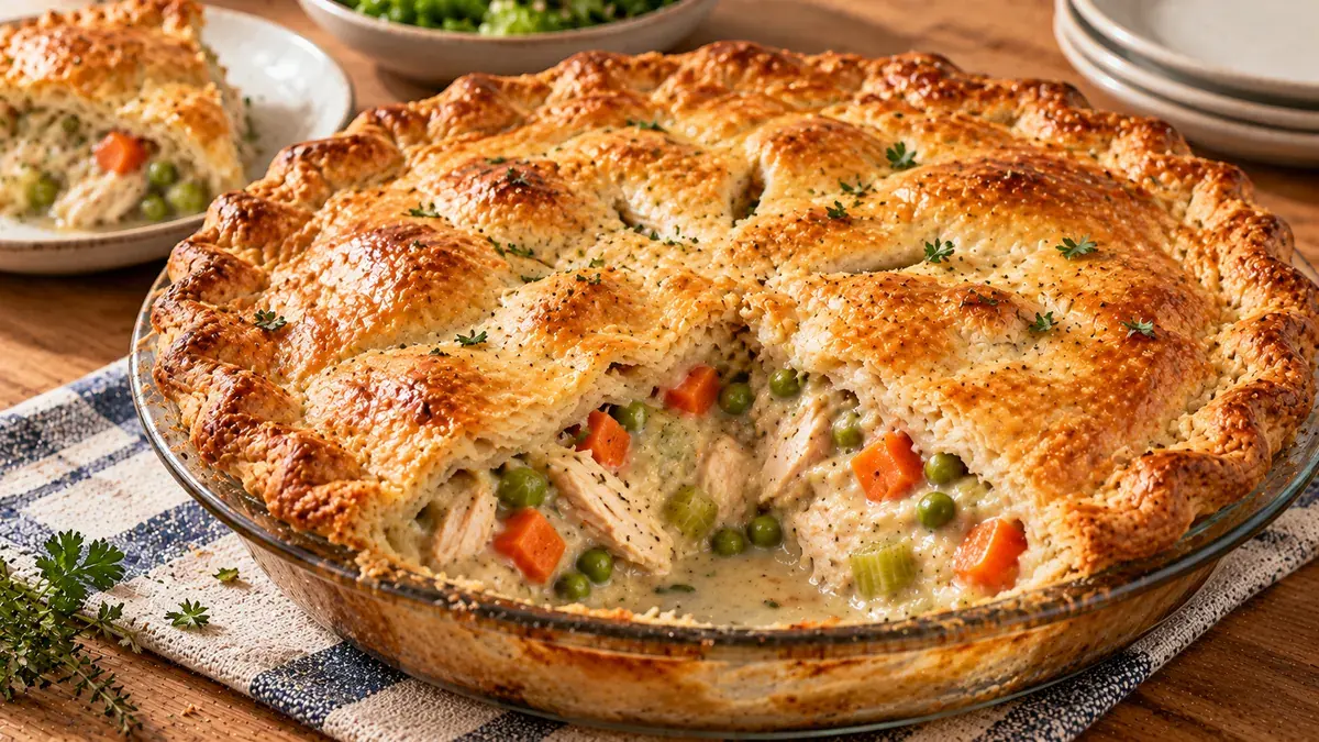 Golden double-crust chicken pot pie with a wedge cut out showing chicken, carrots and peas in a creamy sauce