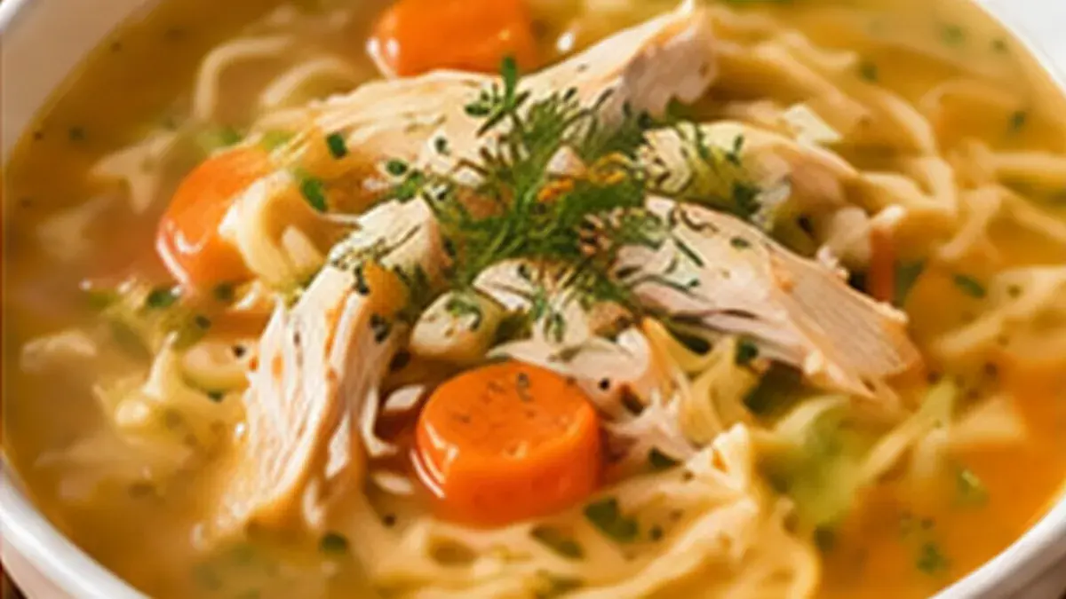 Bowl of homemade chicken soup with shredded chicken, carrots and dill