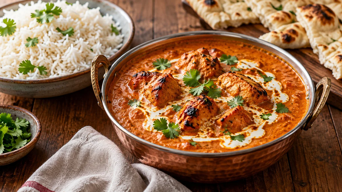 Chicken tikka masala in a creamy orange tomato sauce with basmati rice and naan