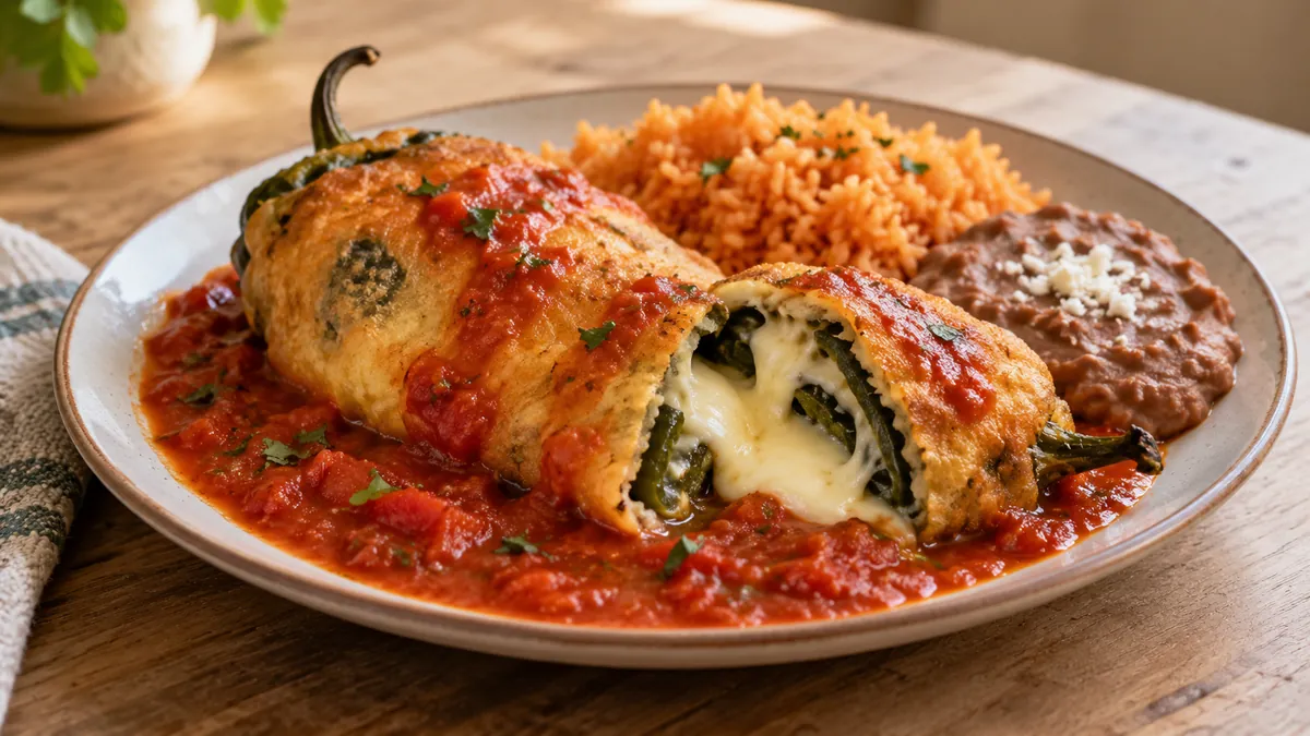 Chiles rellenos with golden egg batter on ranchero sauce, one cut to show melted cheese