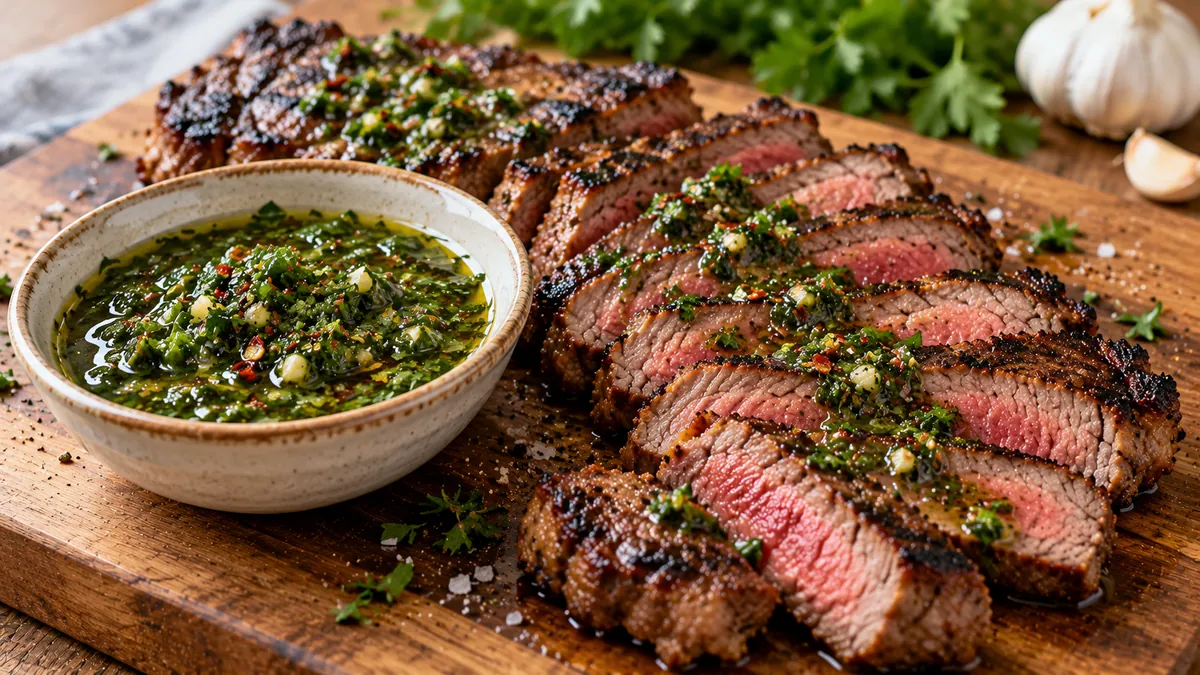 Bowl of green chimichurri beside sliced grilled steak