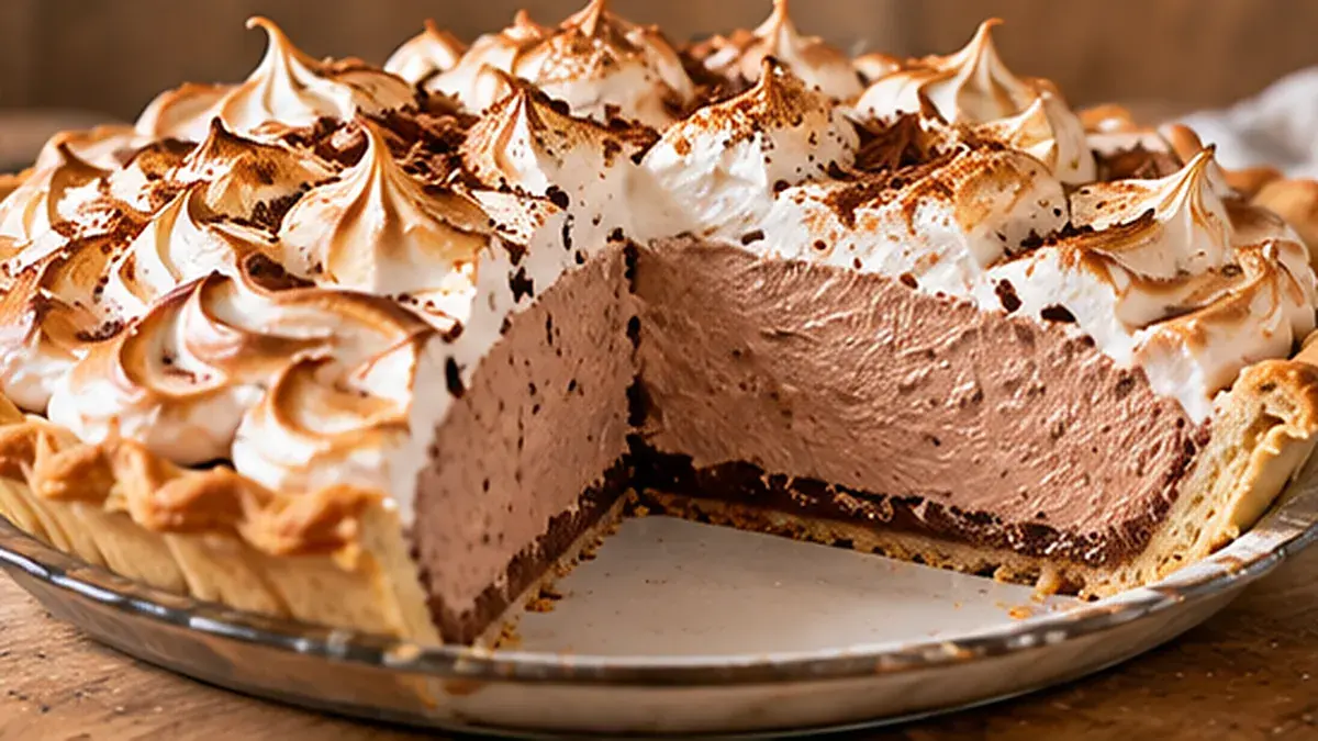 Chocolate angel pie with fluffy chocolate filling and toasted meringue, a slice cut out