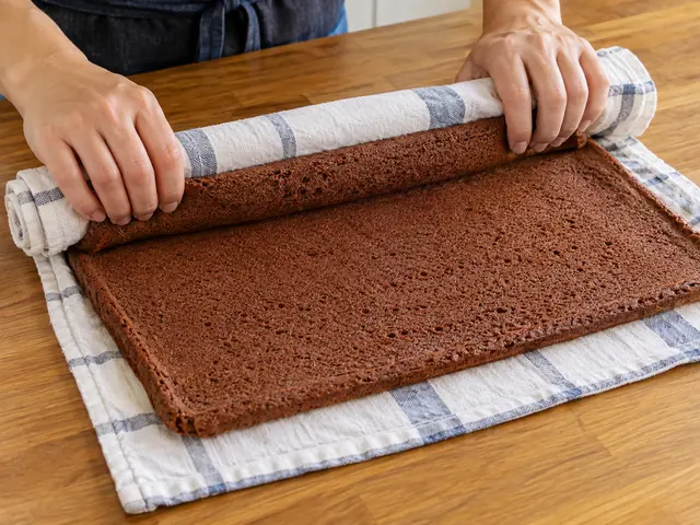 Two hands rolling a warm thin chocolate sponge cake up from the long side with a kitchen towel rolled inside it, on a wooden counter