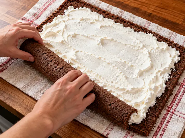 An unrolled cooled chocolate sponge cake on a counter, spread evenly with fluffy white whipped topping to within half an inch of the edges, two hands beginning to roll it back up