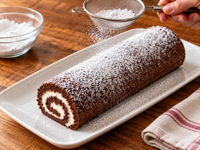 A filled chocolate cake roll seam side down on a white platter being dusted with confectioners sugar from a small sieve