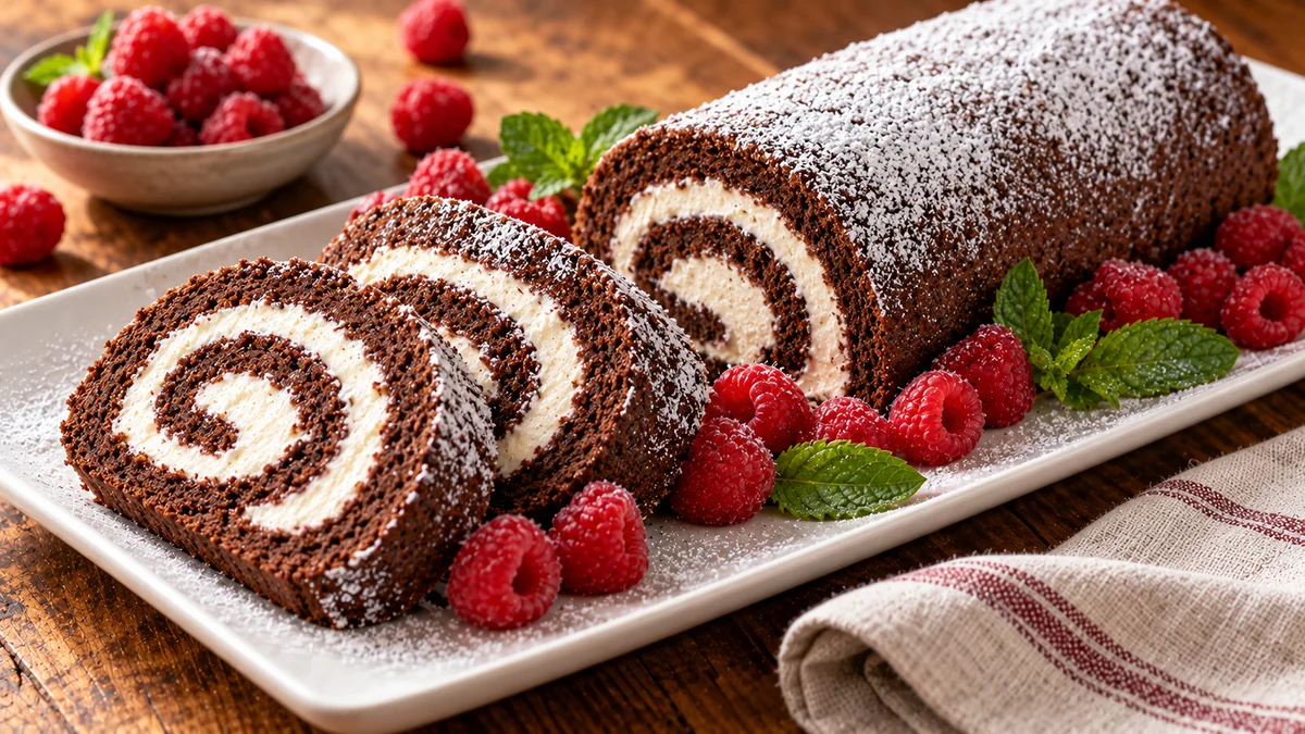 Chocolate cake roll dusted with confectioners sugar, sliced to show the white cream swirl, with raspberries
