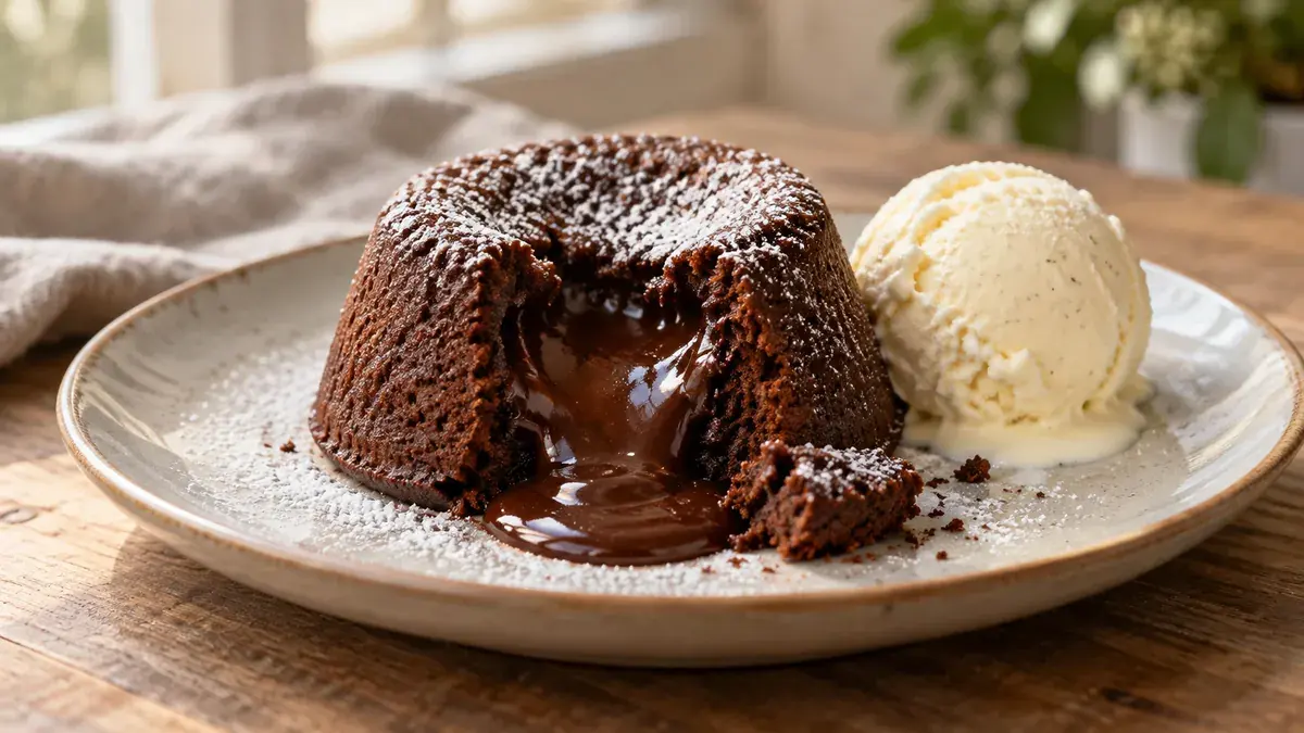 Chocolate lava cake with molten center flowing out beside a scoop of vanilla ice cream