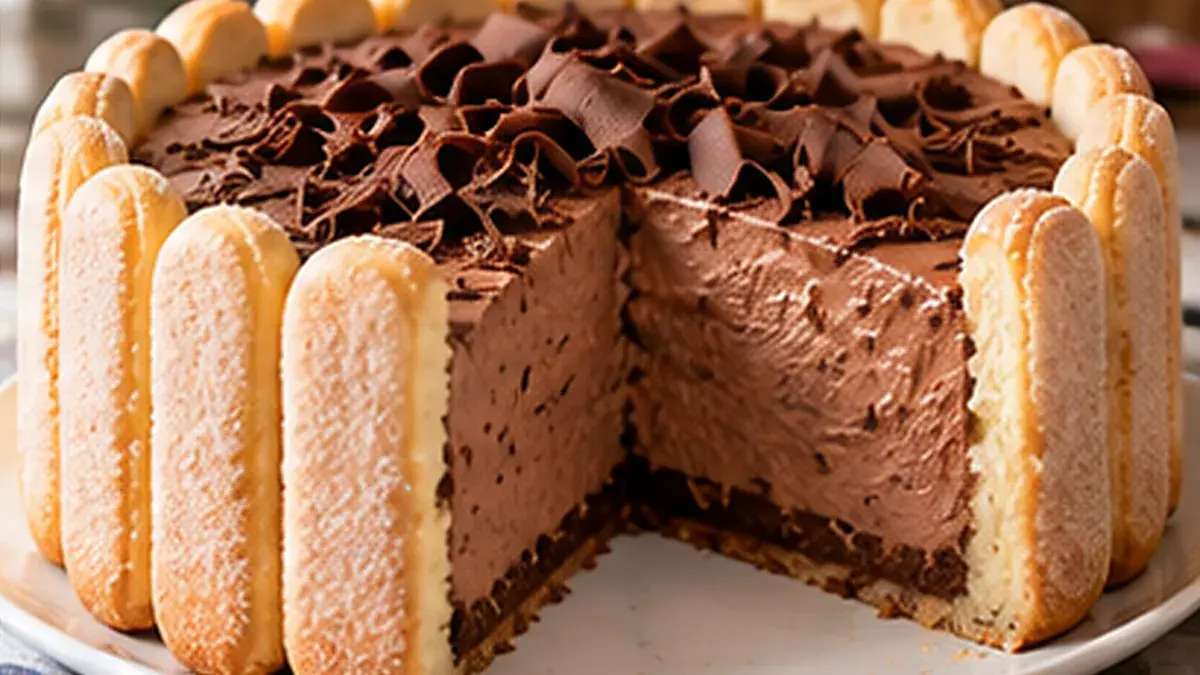 Chocolate mousse cake ringed with ladyfingers, a slice cut to show the mousse