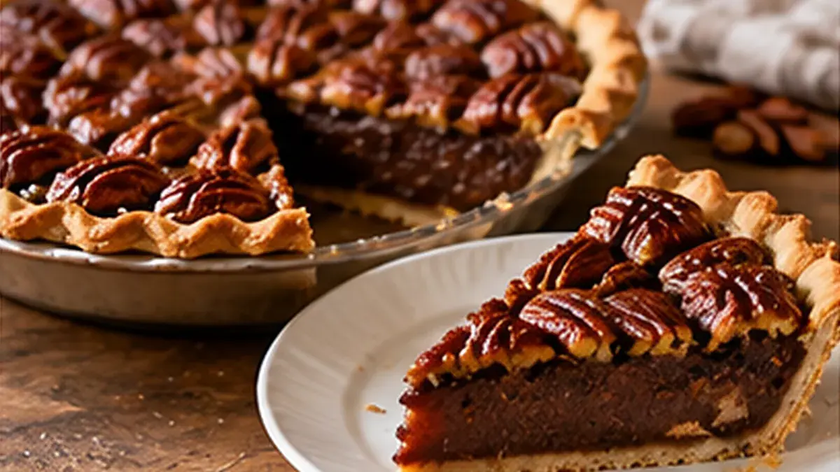 Chocolate pecan pie with one slice plated
