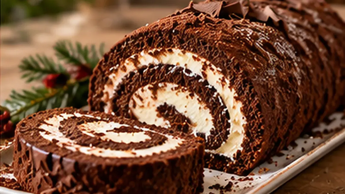 Chocolate sponge roll sliced to show a whipped cream spiral
