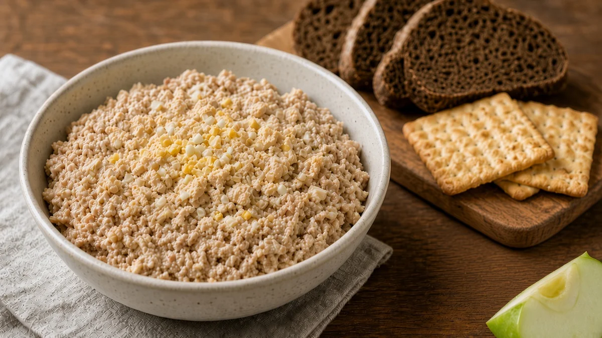 Chopped herring spread in a bowl topped with crumbled egg yolk, with dark rye bread, crackers and a wedge of green apple