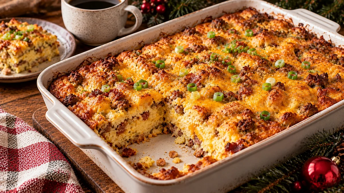 Overnight sausage and egg breakfast casserole with melted cheddar