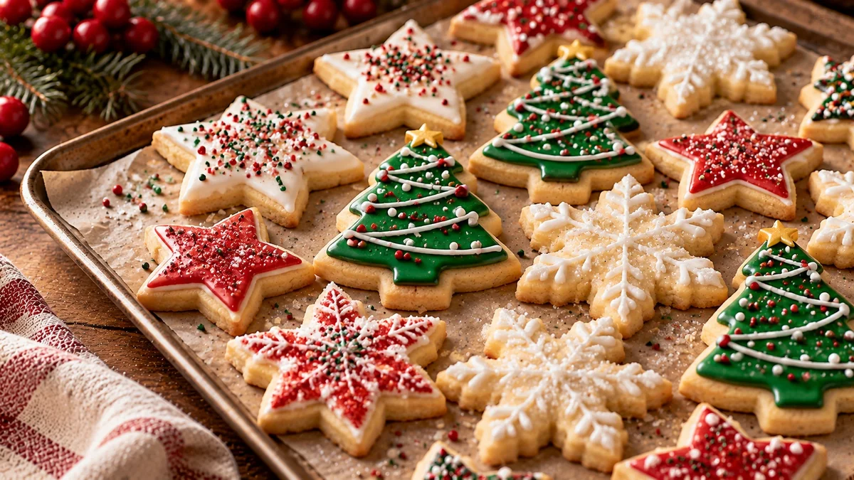 Iced Christmas sugar cookies shaped like stars and trees
