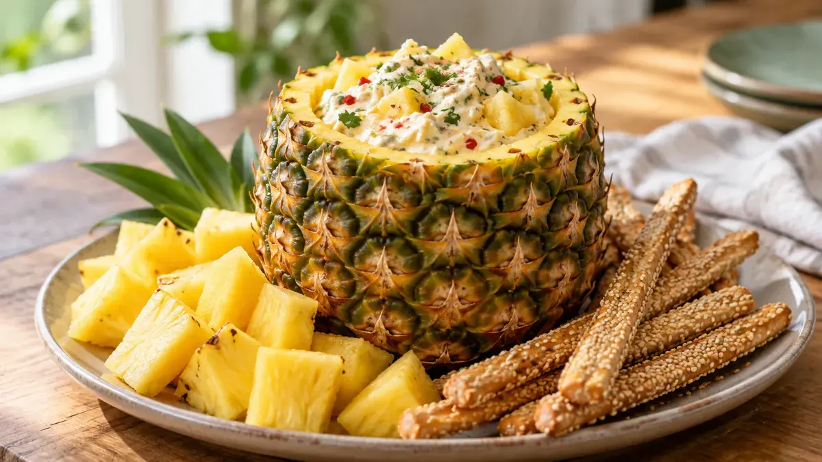 Chutney cheese dip served in a hollowed pineapple with pineapple chunks and sesame sticks