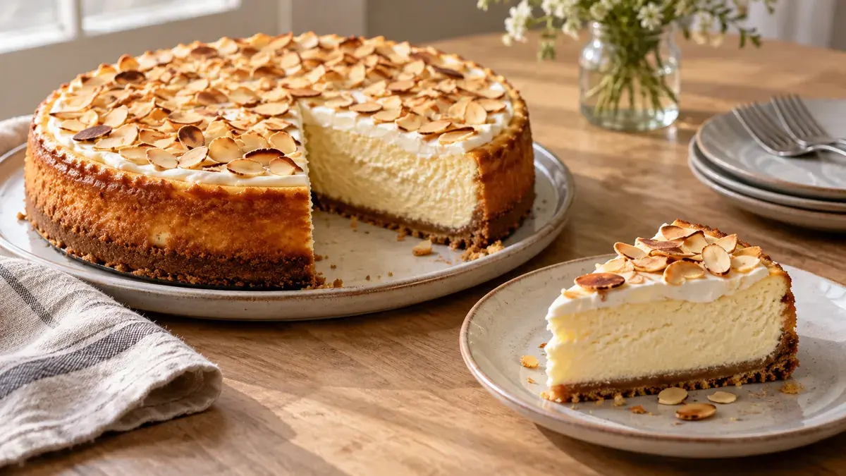 Cheesecake with sour cream topping and toasted sliced almonds, one slice plated