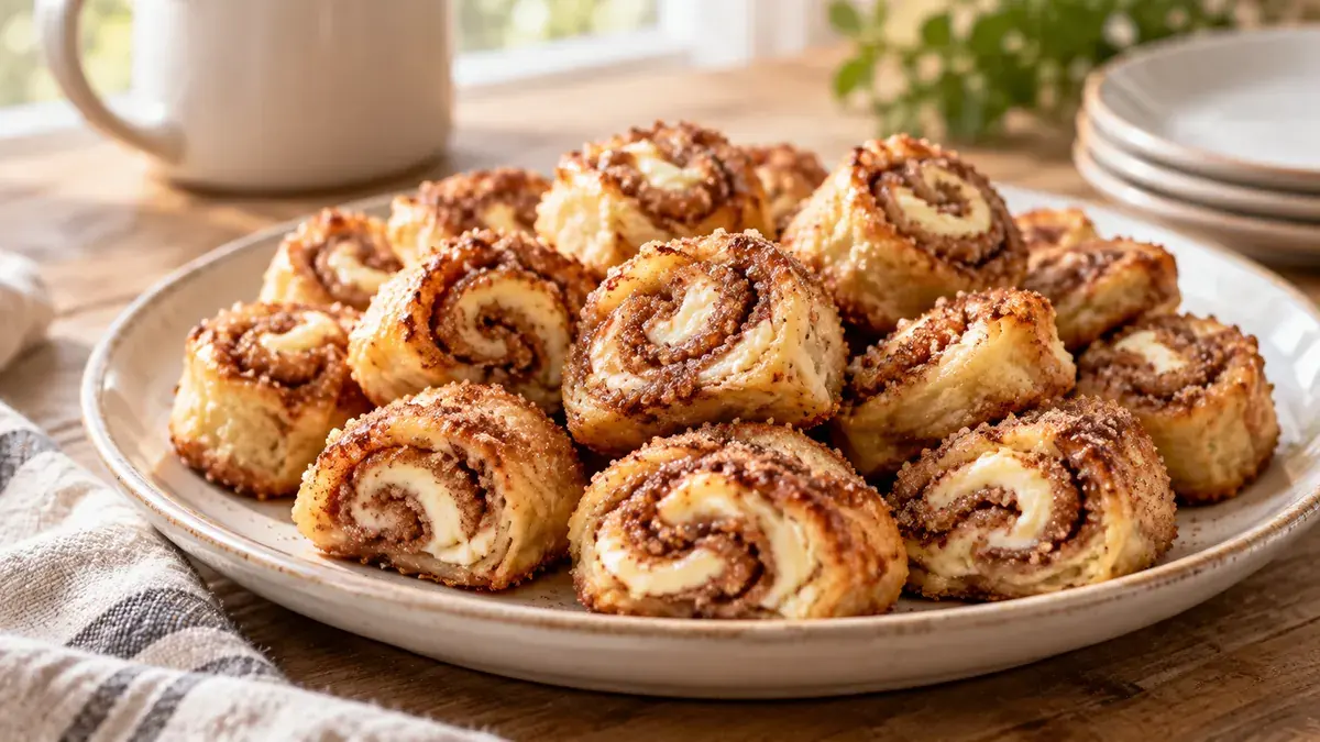 Baked cinnamon sugar roll-up bites showing a cream cheese spiral