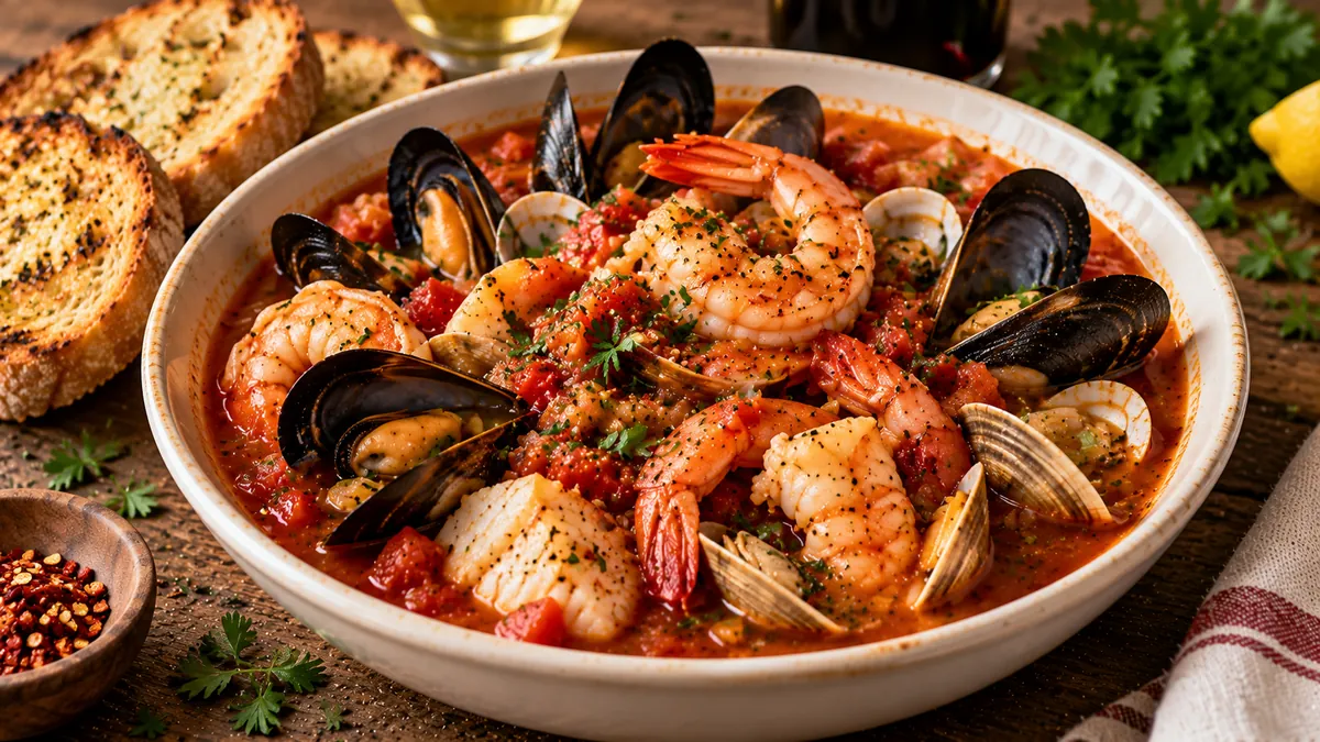 Cioppino with clams, mussels, shrimp, fish and crab in tomato broth with sourdough bread