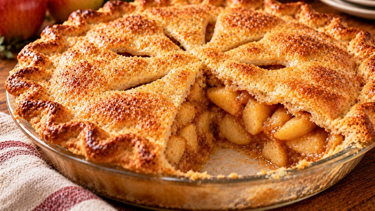 Golden double-crust apple pie with one slice cut