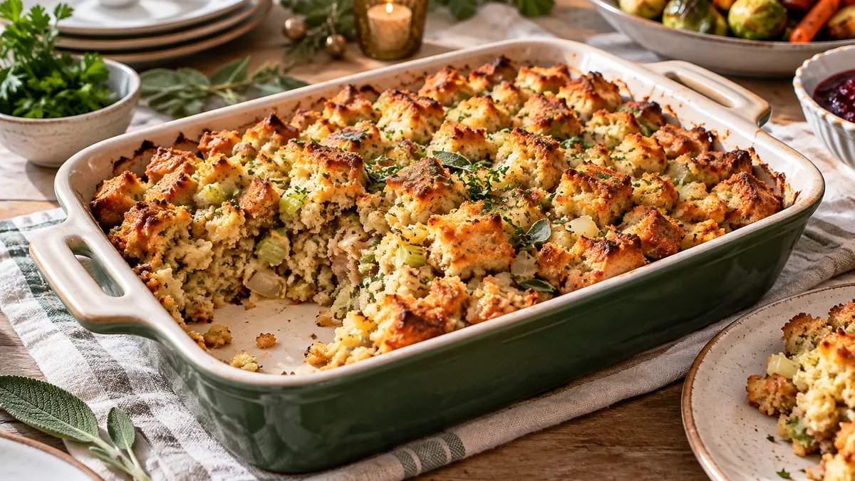 Baking dish of golden herb bread stuffing with a scoop removed