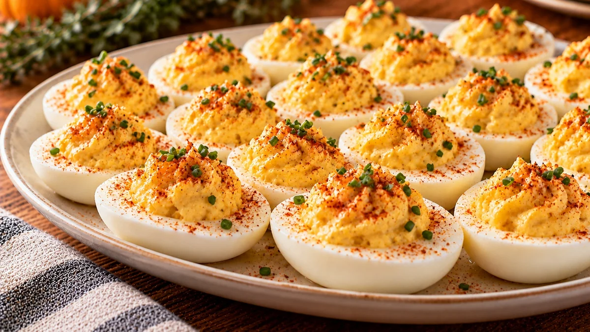 Platter of classic deviled eggs dusted with paprika