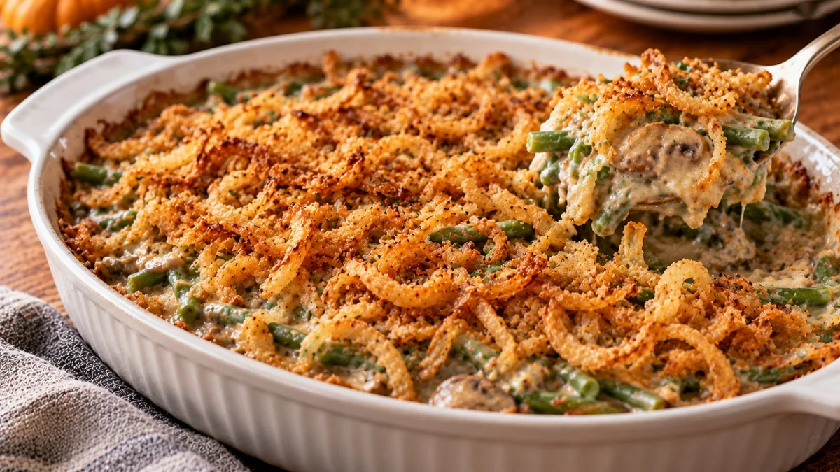 Classic green bean casserole topped with crispy fried onions