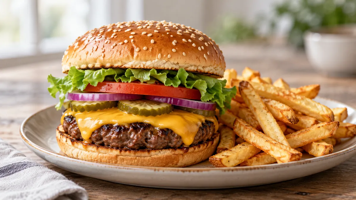 Grilled cheeseburger with lettuce, tomato, red onion and pickles on a sesame bun with fries