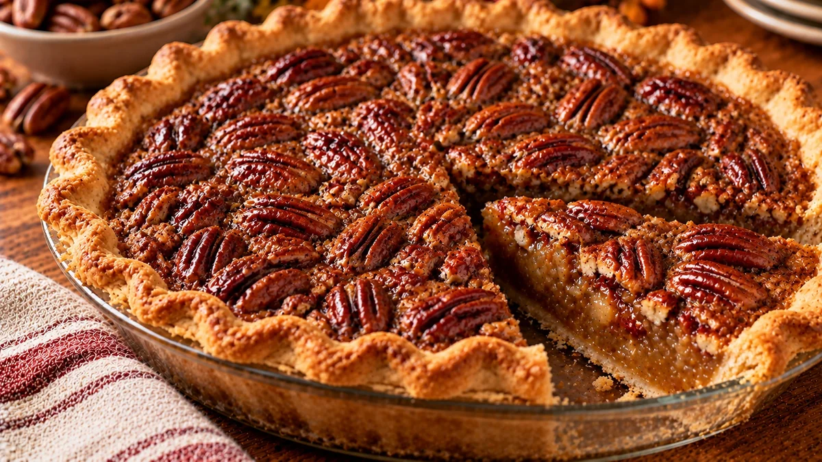 Pecan pie with glossy toasted pecans on top