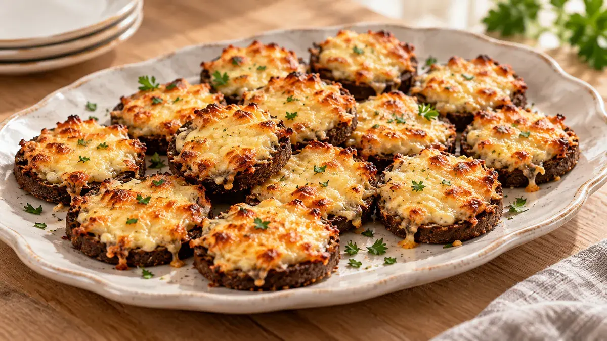 Pumpernickel rounds topped with broiled, bubbly Parmesan on a platter