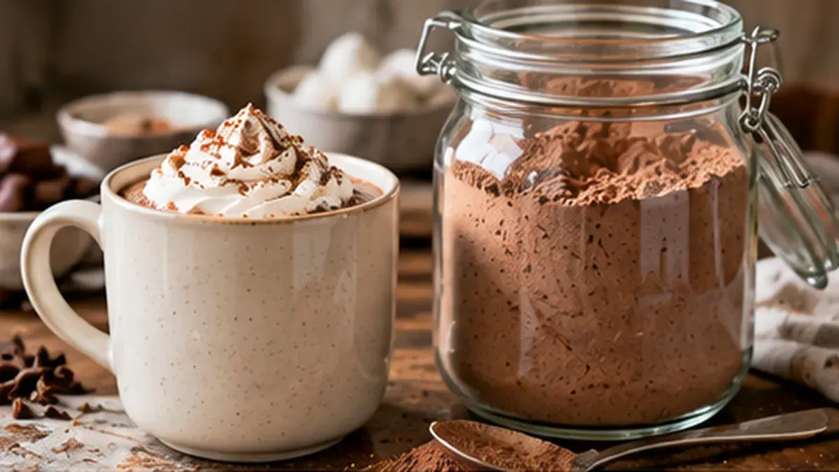 Mug of hot cocoa with whipped cream beside a jar of homemade cocoa mix