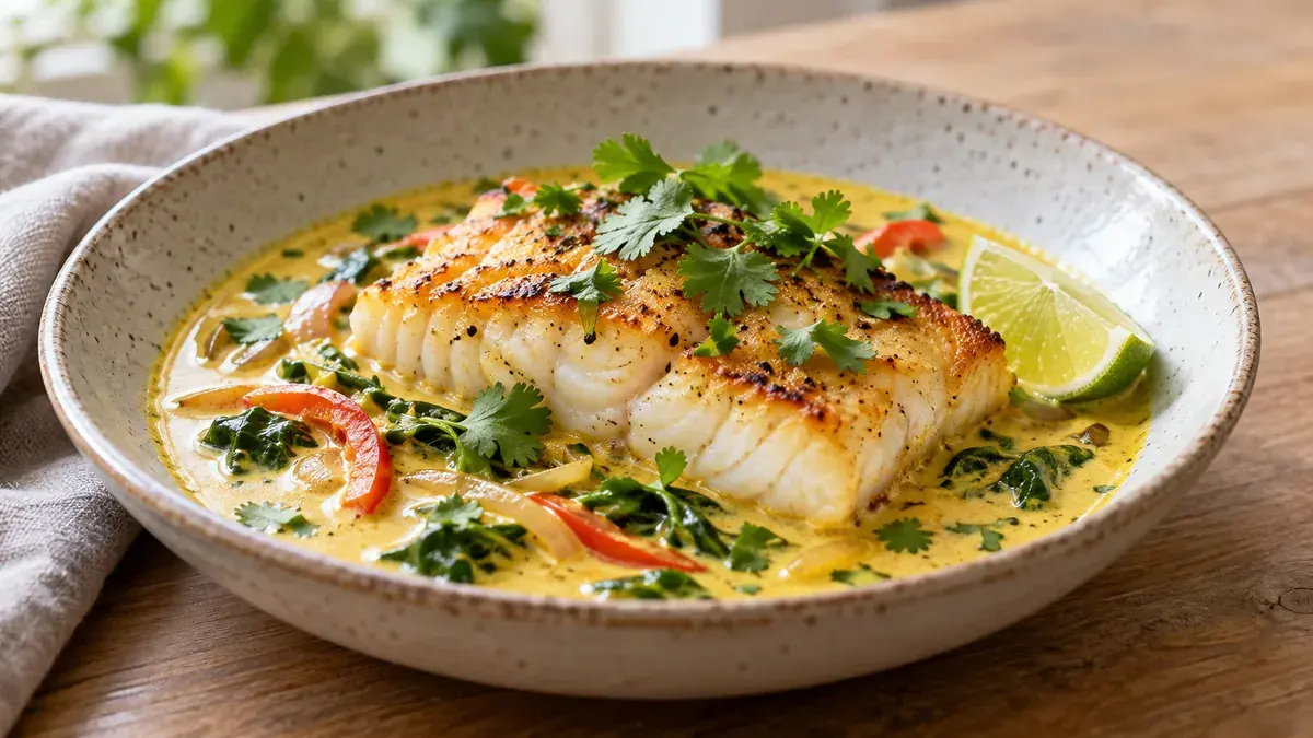 Seared cod fillet in a creamy coconut lime curry sauce with cilantro and a lime wedge