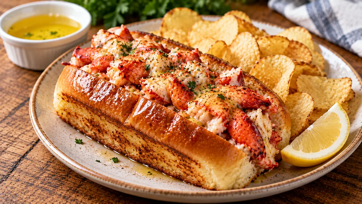 Toasted split-top bun filled with warm buttered lobster, with lemon and potato chips