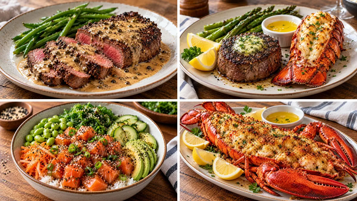 Collage of four Cooking for Two: Steak au Poivre, Surf and Turf (Filet Mignon and Lobster Tail), Salmon Poke Bowl and Baked Stuffed Lobster