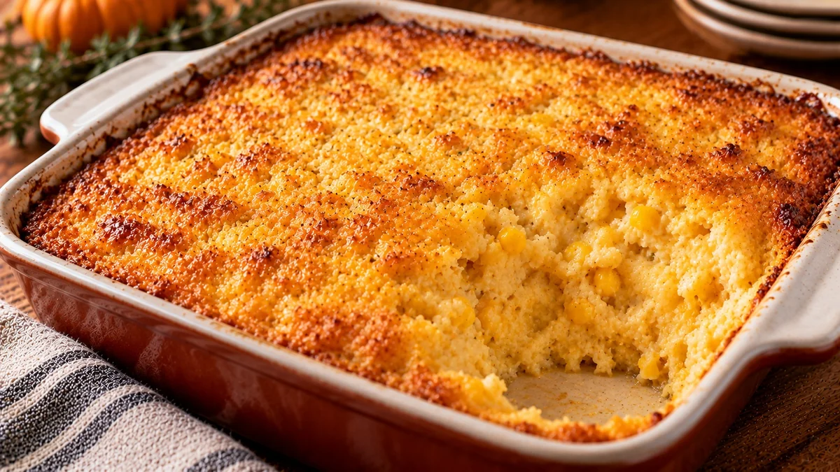 Golden corn casserole in a baking dish with a serving scooped out