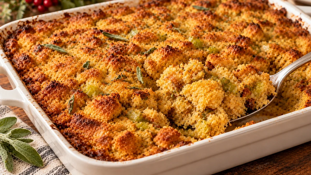 Golden Southern cornbread dressing in a baking dish