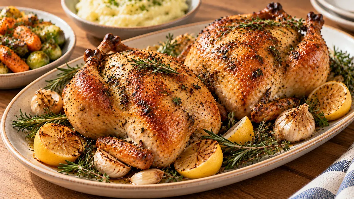 Two roasted Cornish game hens with rosemary, roasted garlic and lemon on a platter