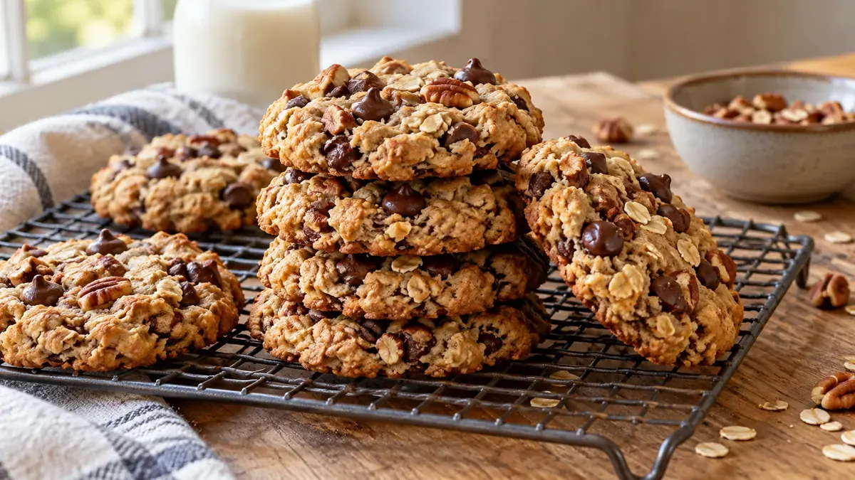 Thick oatmeal chocolate chip cowboy cookies on a cooling rack