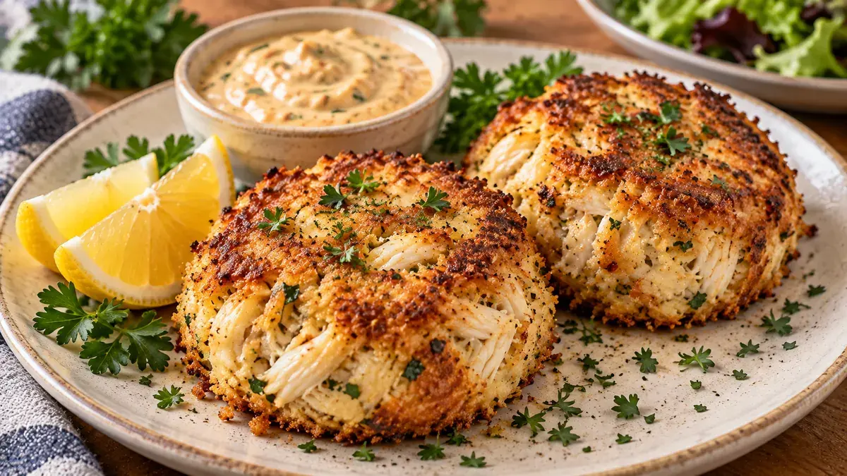 Two golden crab cakes on a plate with lemon remoulade and lemon wedges