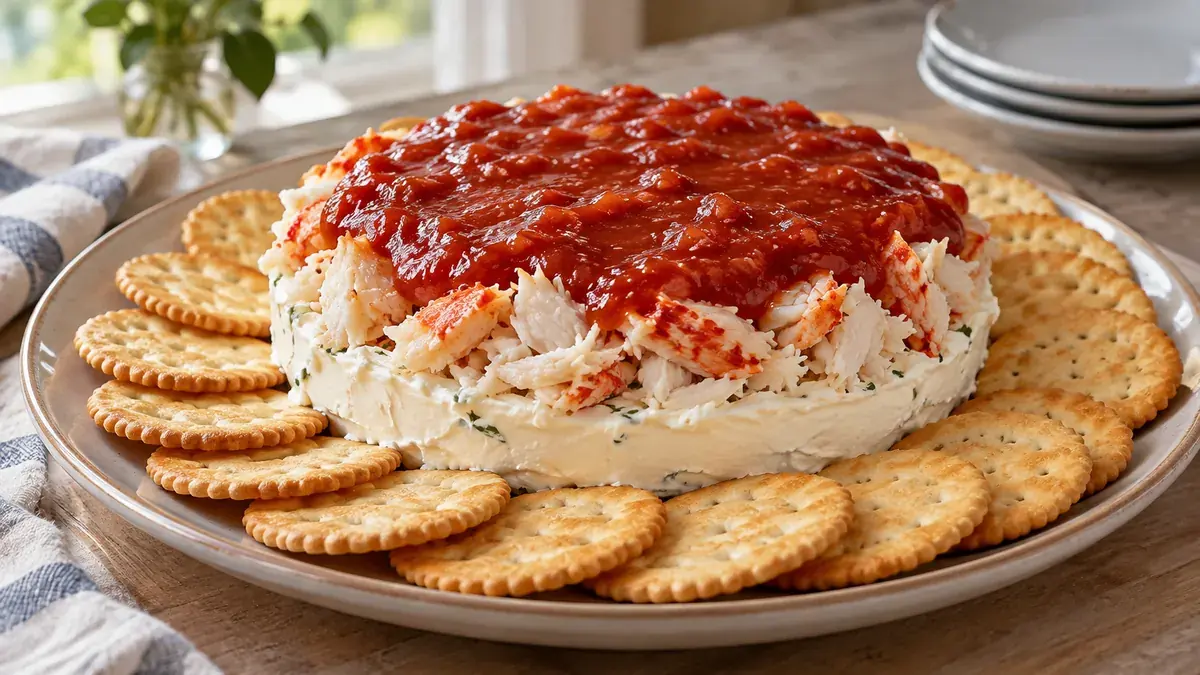 Cream cheese spread layered with crab and cocktail sauce, ringed with crackers