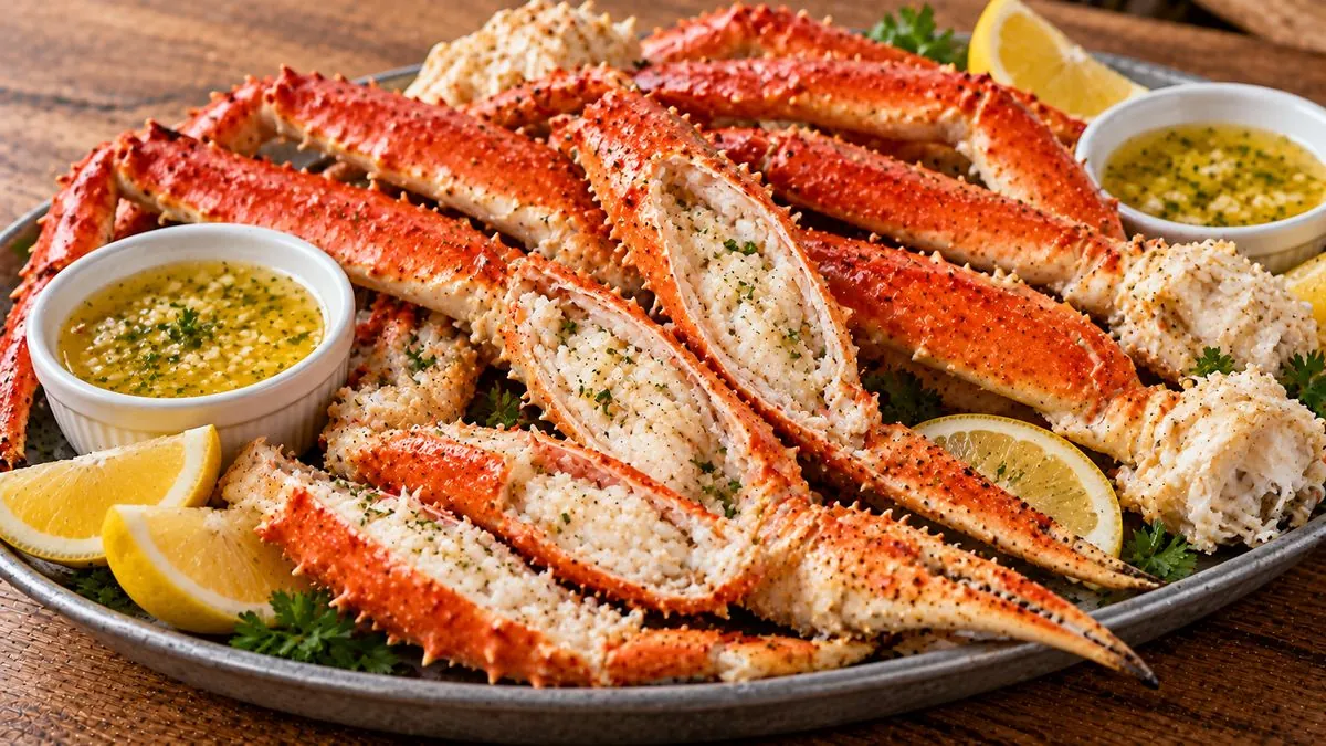 Platter of steamed king crab legs split open with garlic butter and lemon wedges