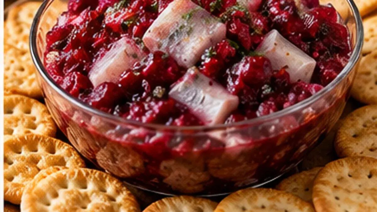 Glass bowl of whole-berry cranberry sauce with pieces of herring, surrounded by crackers