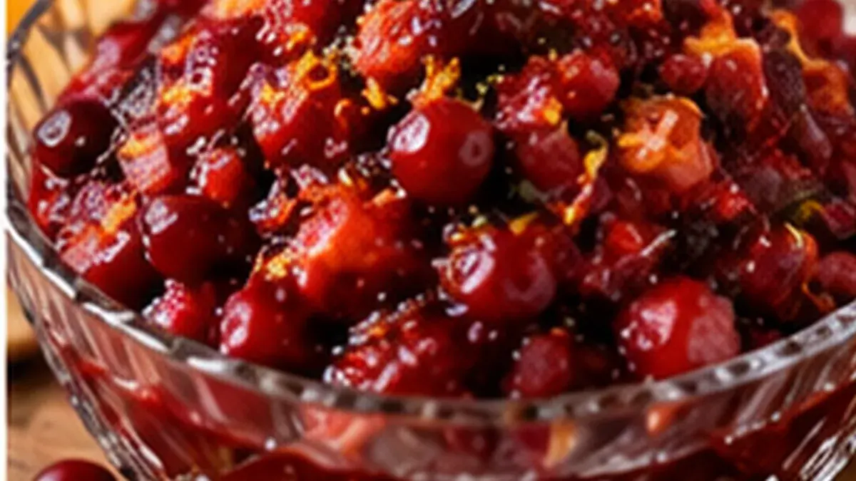 Glass bowl of cranberry orange relish with whole berries and orange zest