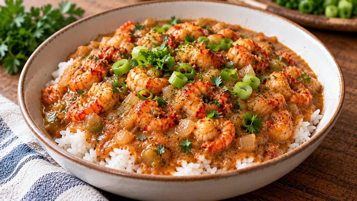 Bowl of crawfish etouffee over white rice with green onions