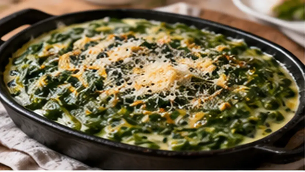 Steakhouse creamed spinach in a cast-iron dish dusted with Parmesan
