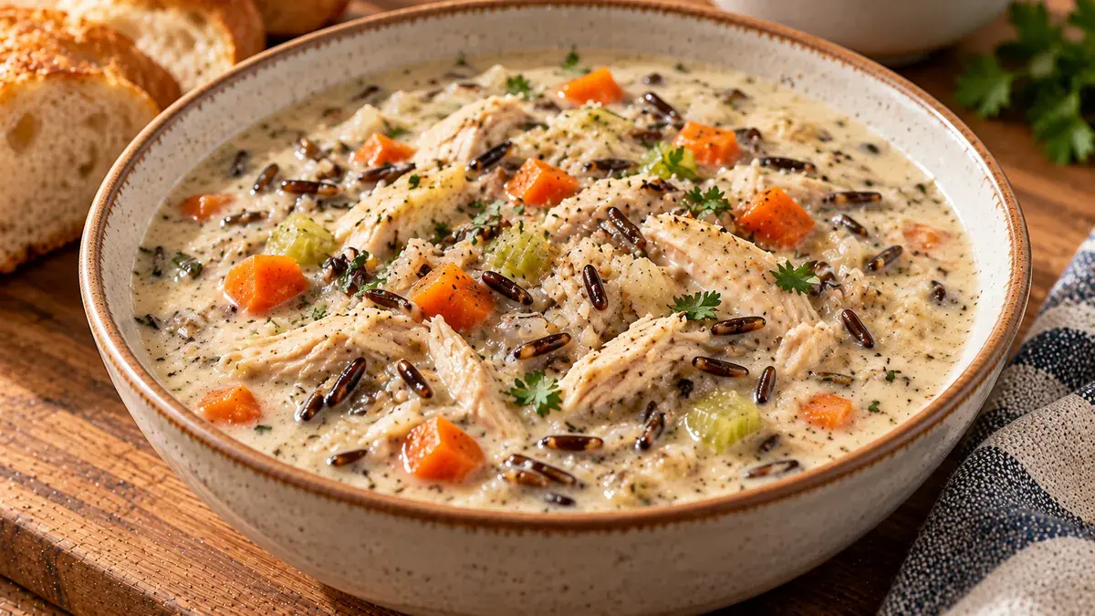 Bowl of creamy chicken and wild rice soup with shredded chicken, carrots and celery