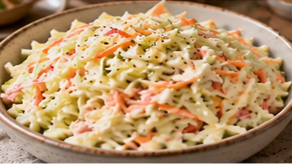 Bowl of creamy shredded cabbage and carrot coleslaw