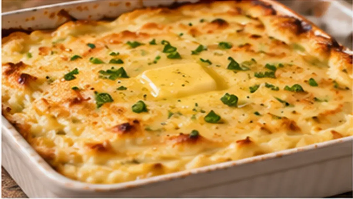 Creamy whipped potato bake with a golden top, green onion and melting butter